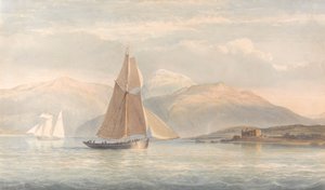 Boot segelt nach rechts mit Bergen im Hintergrund von John Christian Schetky