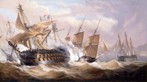 Die Guillaume Tell wird von der H.M.S. Penelope und H.M.S. Loin of Malta während der Blockade, 30. März 1800, angegriffen von John Christian Schetky