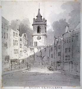 Kirche St. Giles ohne Cripplegate von der Fore Street, City of London, 1790 von John Claude Nattes