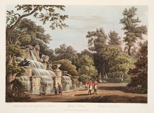 Grand Trianon, Brunnen im Garten, Illustration aus Versailles, Paris und Saint Denis, veröffentlicht 1805 von John Claude Nattes