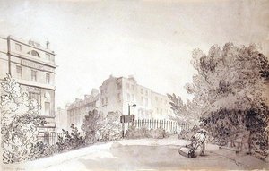 Ansicht des Fitzroy Square mit zwei Figuren, die eine Gartenwalze ziehen, ca. 1808