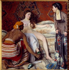 Orientalismus: Die Toilette Eine junge weiße Frau wird von ihren zwei Mägden bei der Toilette unterstützt. Gemälde von Frederic Bazille 1869 Montpellier, Musee Fabre