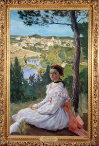 Dorfblick Junges Mädchen posiert in einer Landschaft der Provence