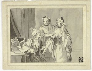Literarische Illustration: Alter Mann hält junge Frau zurück, die von älterer Frau begleitet wird