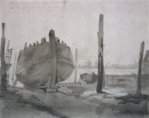 Flusslandschaft mit Schiff bei Sonnenuntergang von John Constable