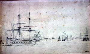 Ein Schiff vor Anker und andere Schiffe auf der Themse