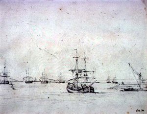 Eine Brigg vor Anker und andere Schiffe auf der Themse von John Constable