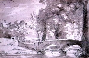 Brücke mit Bäumen und Gebäuden in Haddon