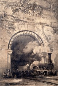 Acheron 2-2-2 Lokomotive, die aus einem Tunnel in der Nähe von Bristol auftaucht, Frontispiz zu The History and Description of the Great Western Railway, 1846
