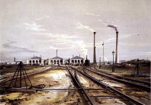 Exzenter zum Verschieben von Schienen, Lokomotivmaschinenhaus und stationäre Maschinenhauskamine von John Cooke Bourne