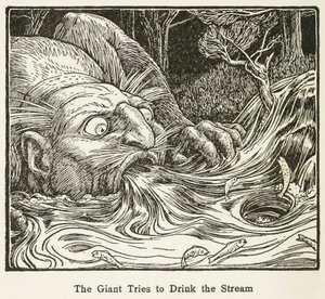 Der Riese versucht, den Bach zu trinken, aus Europas Märchenbuch, veröffentlicht 1916 (Gravur) von John Dickson Batten