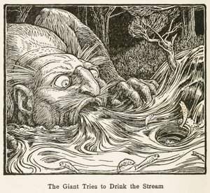 Der Riese versucht, den Bach zu trinken, aus Europas Märchenbuch, veröffentlicht 1916 von John Dickson Batten