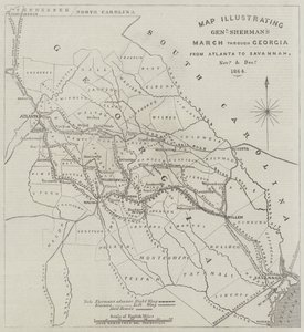 Karte, die General Shermans Marsch durch Georgia von Atlanta nach Savannah im November und Dezember 1864 illustriert