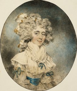 Porträt von Mrs. Fisher, halbe Länge, in einem weißen Kleid mit blauen Bändern, 1788 von John Dowman