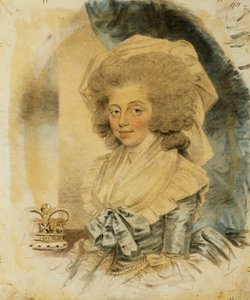 Porträt von Königin Charlotte, kleine halbe Länge, trägt ein blau-weißes Kleid, ihre Krone neben ihr, 1787 von John Dowman