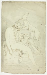 Antikes Basrelief eines schlafenden Jägers und Hundes