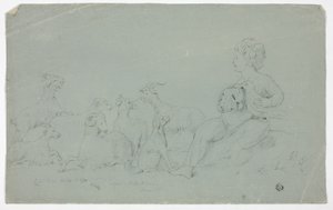 Antikes Basrelief mit sitzendem Jungen, der einen Falken hält, begleitet von Hund, Schaf und Ziegen von John Downman