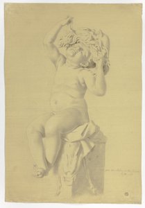Antike Statue eines sitzenden Putto, der eine Maske des Silenus hält