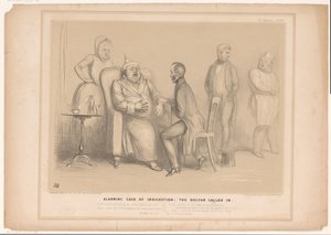 Karikatur, in der John Bull vom Arzt besucht wird (Alarming case of indigestion: the doctor called in, HB Sketches) von John Doyle
