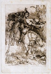 Zwei galoppierende Reiter [einer trägt seinen eigenen Kopf] von John Duncan
