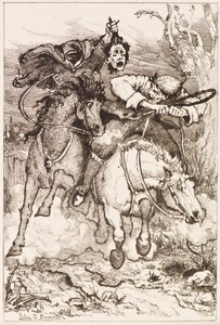Zwei galoppierende Reiter [einer trägt seinen eigenen Kopf] von John Duncan