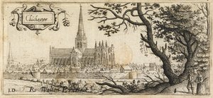 Zwei Figuren stehen neben einem großen Baum im Vordergrund; die Stadt Chichester in der Ferne; die Stadtmauern durchziehen die Szene; die Kathedrale von Chichester im Zentrum des Bildes, um 1660 (Radierung) von John Dunstall