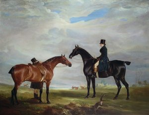 Frank Hall Standish auf seinem schwarzen Jäger mit einem Stallburschen und einem zweiten Pferd