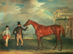 General Chasse, ein kastanienbraunes Rennpferd, gehalten von seinem Trainer, mit seinem Jockey J. Holmes auf der Aintree-Rennbahn, 1835 von John E. Ferneley