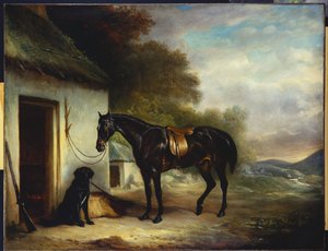 Mr. Stuarts Lieblingsjäger, Vagabond und sein Flatcoated Retriever, Nell, an einer Hüttentür, 1867 von John E. Ferneley