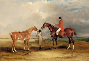 Porträt von John Drummond auf einem Jäger mit einem Diener, der sein zweites Pferd hält, in einer Landschaft, eine Jagdgesellschaft im Hintergrund, 1831