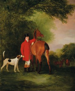 Porträt von Lord Lismore in einem Jagdrock mit seinem braunen Jäger und einem Hund, in einer Landschaft, eine Jagdgesellschaft im Hintergrund