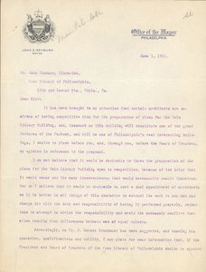 Brief von Bürgermeister John Reyburn an Bibliothekar John Thomson zur Genehmigung von Horace Trumbauer als Architekt des Hauptbibliotheksgebäudes, 1. Juni von John E. Reyburn
