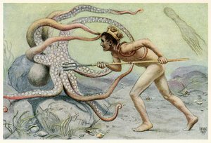 Er war sehr mutig und stark, ... und kämpfte mit dem großen Oktopus aus Das große Seepferdchen, 1909 von John Elliot