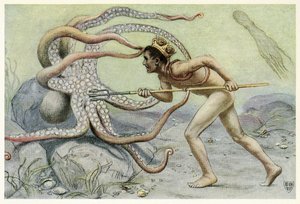 Er war sehr mutig und stark und kämpfte mit dem großen Oktopus, aus The Great Sea Horse, veröffentlicht 1909 von John Elliot