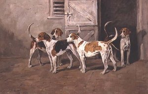 Vier Hunde an einer Stalltür
