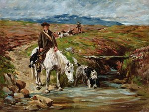 Pferd und Spaniel trinken aus einem Bach von John Emms
