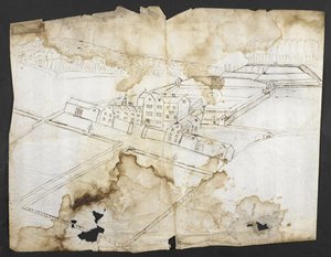 Aussicht auf Wotton mit dem Garten, der Grotte und der Umgebung von Nordwesten, ca. 1650 von John Evelyn