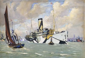 Ein bewaffneter Hilfskreuzer bringt einen Konvoi amerikanischer Truppen in die Themse (England) von John Everett