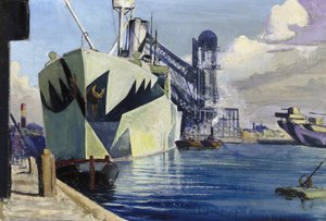 Dock Kanada in Liverpool, mit einem verankerten Kriegsschiff, bemalt mit bunter Tarnung