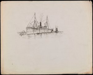 Dampfschiff in der Nähe einer Küste mit Schlepper daneben