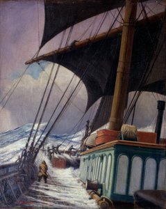 Die Manöver der Segel während des Sturms, während einer Reise von Bristol nach Sabine Pass, Texas (Vereinigte Staaten), zwischen April und Juni 1920