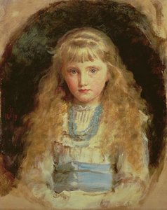 Porträt von Beatrice Caird in einem weißen Kleid mit blauer Schärpe von John Everett Millais