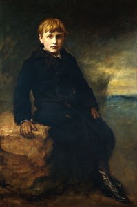 Porträt von Cecil Webb, sitzend in voller Länge, in schwarzem Mantel mit Pelzkragen, 1887