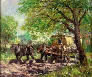 Zwei Pferde und ein Wohnwagen von John Falconar Slater