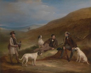 Edward Horner Reynard und sein Bruder George beim Moorhuhnschießen in Middlesmoor, Yorkshire, mit ihrem Wildhüter Tully Lamb von John Ferneley