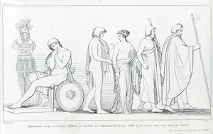 Agamemnon beauftragte die Herolde Taltibius und Euribat mit der Entführung von Briseis; Achilles ließ sie von Patroklos übergeben. Zeichnung von John Flaxman (1755 - 1826). Homers Ilias. Gesang I von John Flaxman
