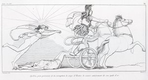 Apollo, Gott der Sonne, bedeckt Hektors Körper vollständig mit seinem goldenen Aigis, um ihn zu bewahren. Gesang XXIV. Zeichnung von John Flaxman (1755 - 1826). Homers Ilias von John Flaxman
