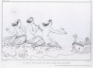 Sirenen versuchen mit ihrem Gesang, Odysseus anzulocken. Zeichnung von John Flaxman (1755 - 1826). Homers Odyssee. Lied XII.
