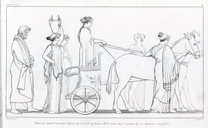 Nausikaa, die gerade Odysseus getroffen hat, bringt ihn zurück zum Palast ihres Vaters, König Alkinoos. Zeichnung von John Flaxman (1755 - 1826). Homers Odyssee. Gesang VI. von John Flaxman