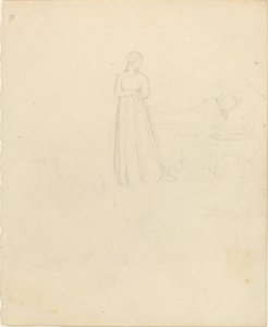 Stehende weibliche Figur, die auf liegende und sitzende Figuren schaut
